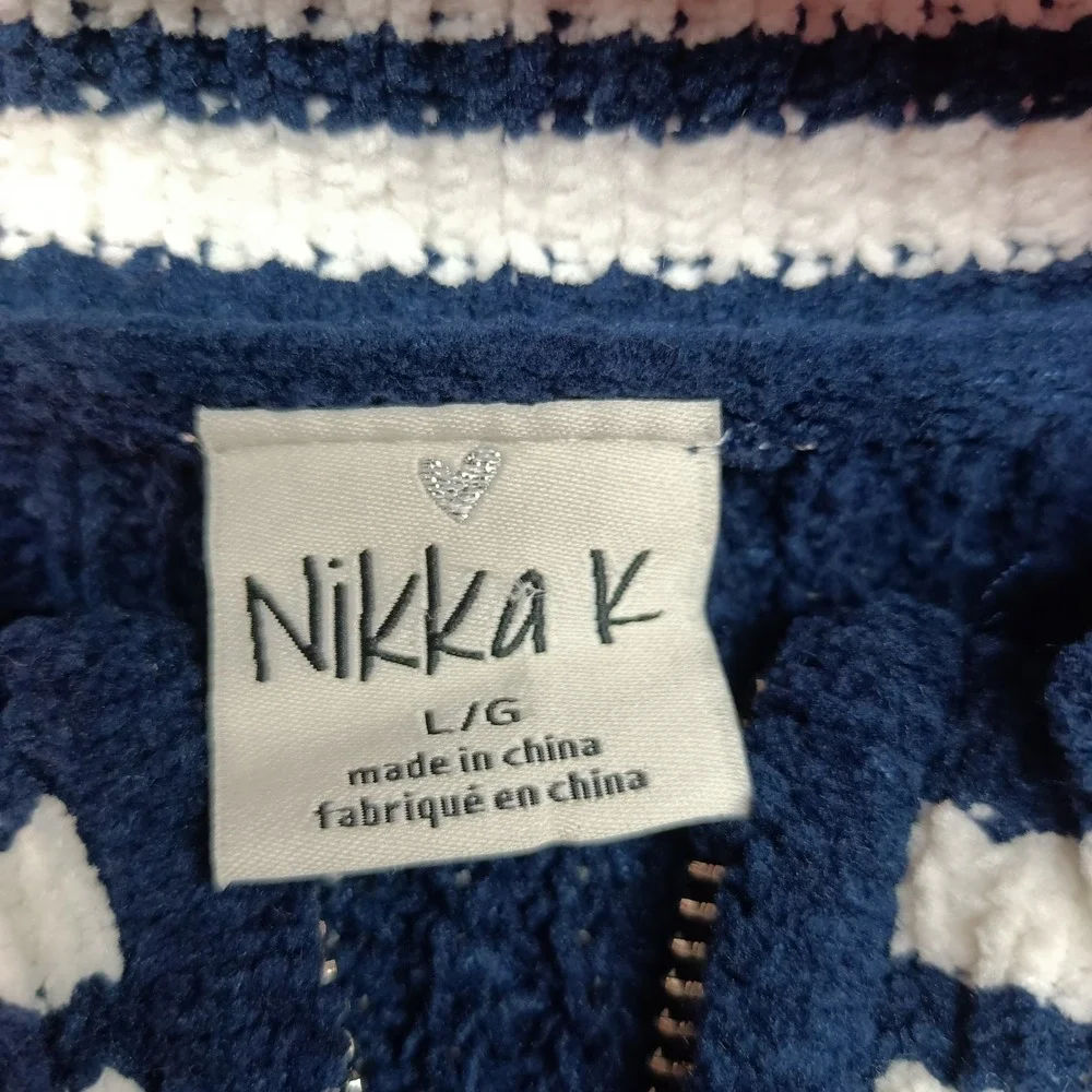 Nikka K Womens L Varsity Cardigan‎ Sweater Navy Blue Full Zip Embroidered NWT